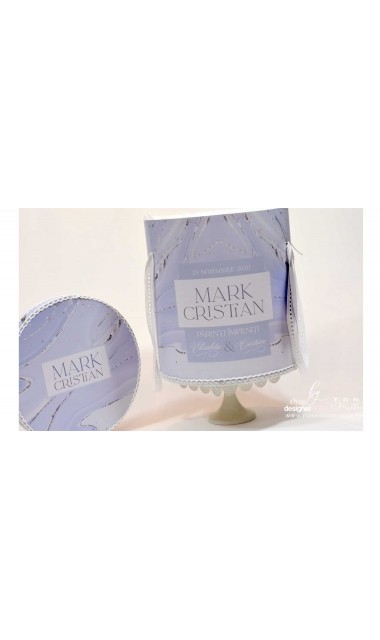Trusou de botez pattern marmura albastra cu insertii argintii si broderie customizata 6